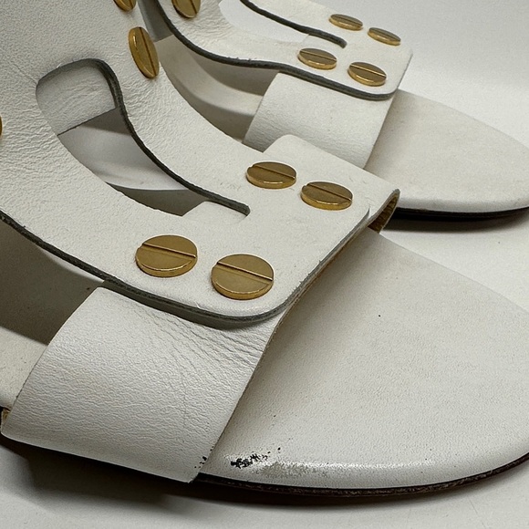 Celine Triomphe Heels High Heel Shoes Open Toe Leather White Gold Studs Size 37 - Picture 5 of 13